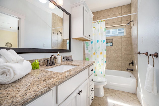 bathroom featuring tile patterned flooring, shower / bathtub combination with curtain, toilet, and vanity