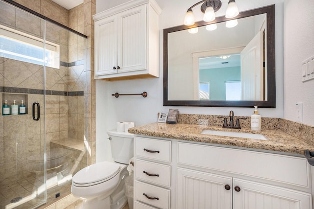 bathroom with toilet, vanity, and a shower stall