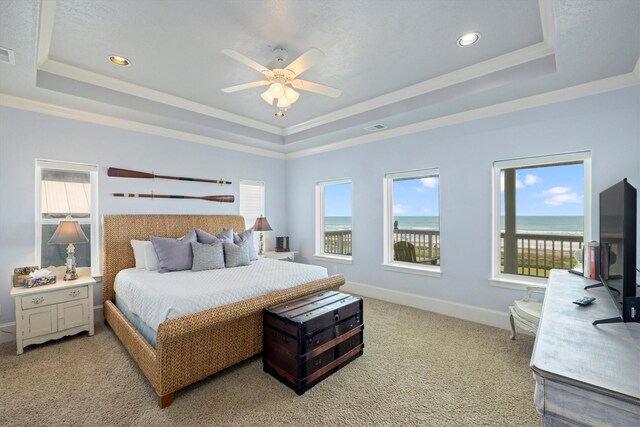 11622 Beachside, Galveston, TX 77554 - bedroom featuring a raised ceiling, multiple windows, light colored carpet, crown molding, and baseboards