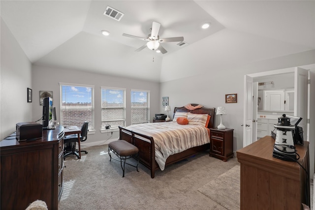 bedroom with light carpet, vaulted ceiling, and ceiling fan