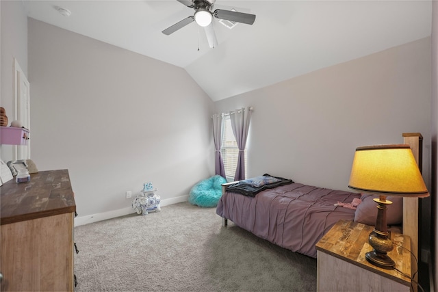 carpeted bedroom with ceiling fan and lofted ceiling