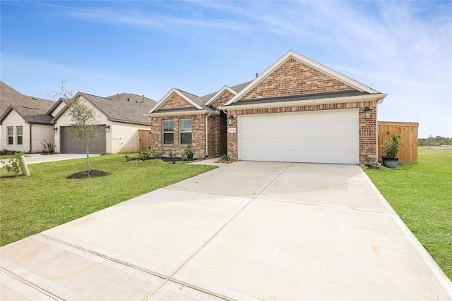 view of front of property with a front yard and a garage