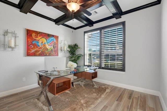 office area with coffered ceiling, ceiling fan, and beam ceiling