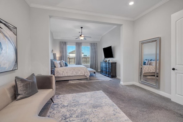 bedroom with ornamental molding, carpet, and ceiling fan