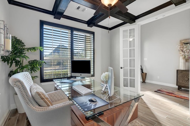 office with beamed ceiling, ornamental molding, coffered ceiling, and ceiling fan