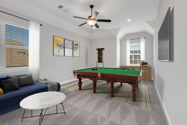 playroom with lofted ceiling, billiards, ceiling fan, and carpet flooring