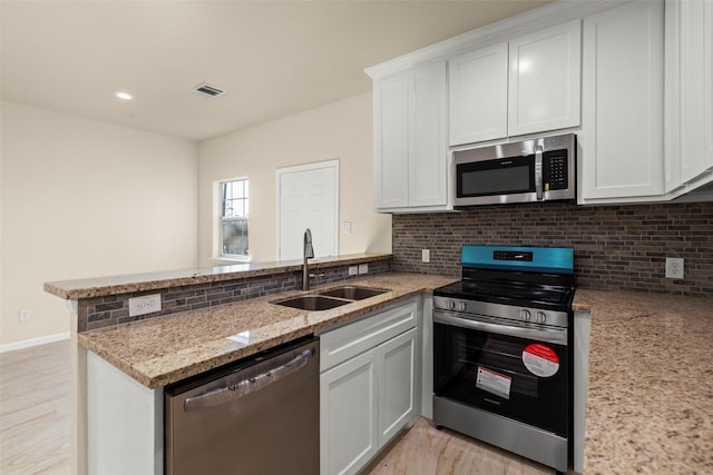 kitchen featuring sink, kitchen peninsula, white cabinets, and stainless steel appliances