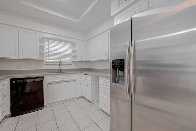 kitchen featuring sink, white cabinetry, black dishwasher, stainless steel refrigerator with ice dispenser, and a tray ceiling