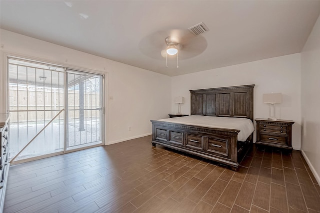 bedroom featuring access to outside and ceiling fan