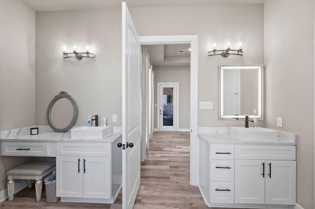 bathroom with hardwood / wood-style floors and vanity