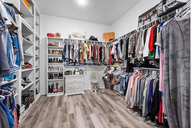 walk in closet with hardwood / wood-style flooring