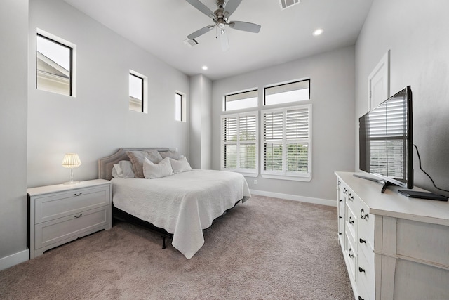 bedroom with light carpet, baseboards, visible vents, ceiling fan, and recessed lighting