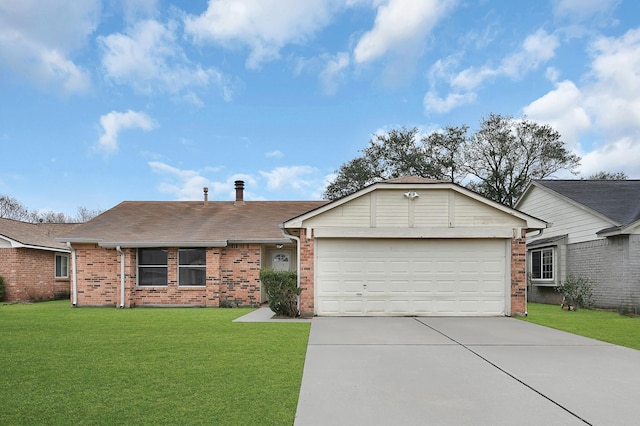 ranch-style house with a garage and a front lawn