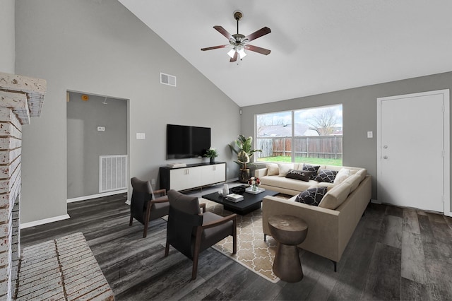 living room featuring ceiling fan, dark hardwood / wood-style floors, and high vaulted ceiling