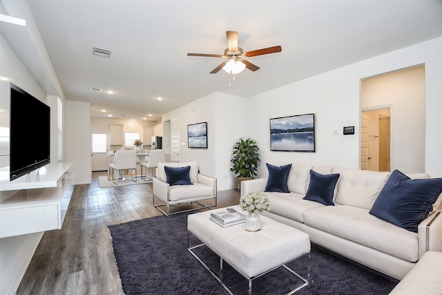 living room featuring ceiling fan and hardwood / wood-style floors