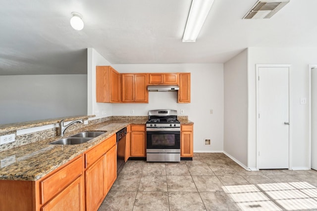 kitchen with kitchen peninsula, stone countertops, dishwasher, sink, and stainless steel gas range oven