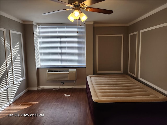 unfurnished bedroom with ceiling fan, dark wood-type flooring, cooling unit, and crown molding