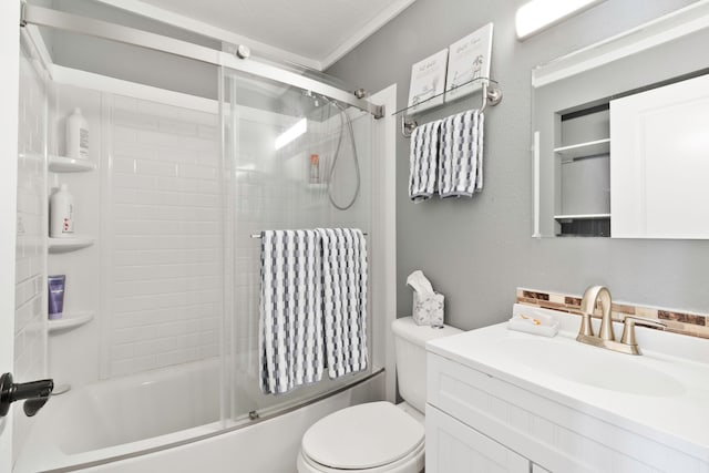 full bathroom with toilet, bath / shower combo with glass door, ornamental molding, vanity, and radiator