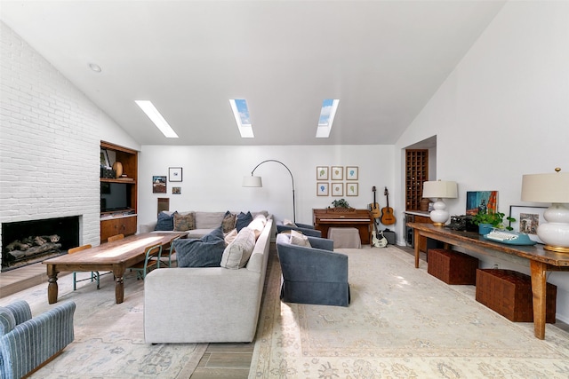 living room with built in features, lofted ceiling with skylight, and a fireplace