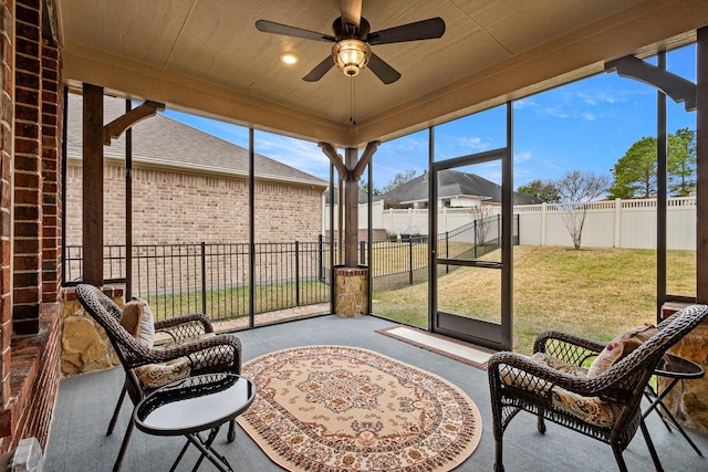 sunroom / solarium featuring ceiling fan and wood ceiling