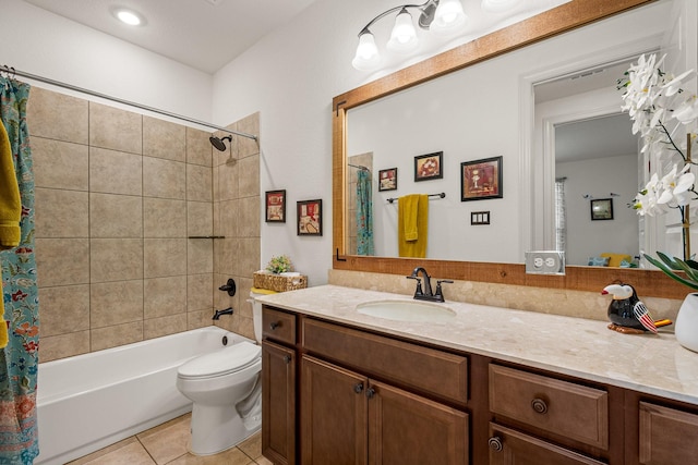 full bathroom featuring vanity, toilet, shower / bath combination with curtain, and tile patterned flooring