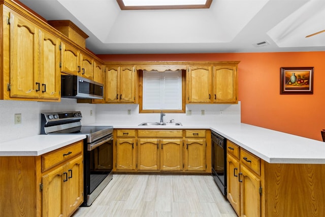 kitchen featuring a skylight, stainless steel appliances, light hardwood / wood-style floors, sink, and a raised ceiling