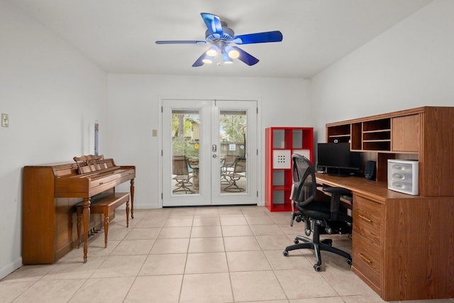 office featuring french doors, ceiling fan, and light tile patterned flooring