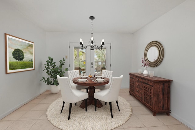 dining room with light tile patterned flooring and an inviting chandelier