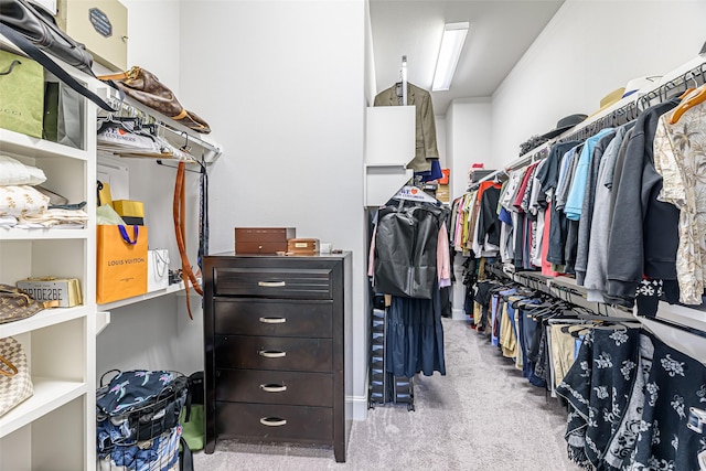 walk in closet with light colored carpet