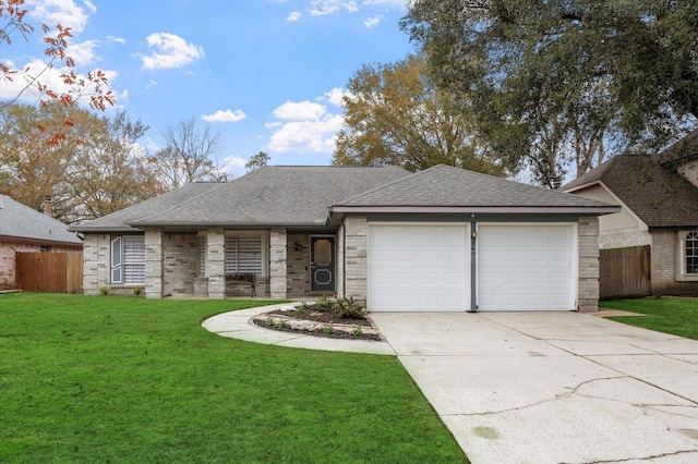 single story home with a front lawn, fence, and a shingled roof