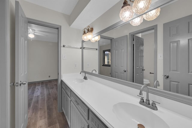 bathroom with vanity, hardwood / wood-style floors, and toilet