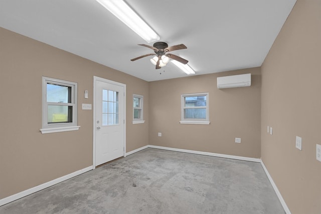 interior space with plenty of natural light, a wall mounted AC, and ceiling fan