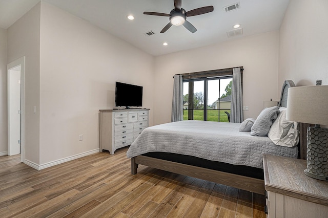 bedroom featuring ceiling fan, access to exterior, and light hardwood / wood-style flooring