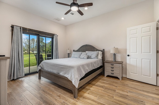 bedroom with light wood-type flooring, access to outside, and ceiling fan