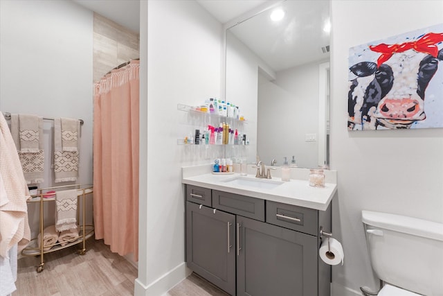 bathroom featuring a shower with curtain, wood-type flooring, toilet, and vanity