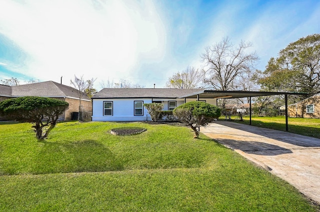 single story home with a front lawn and a carport