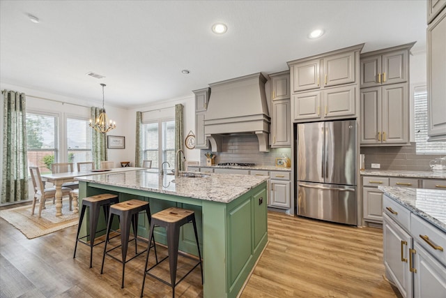 kitchen featuring a breakfast bar, sink, custom exhaust hood, a center island with sink, and appliances with stainless steel finishes