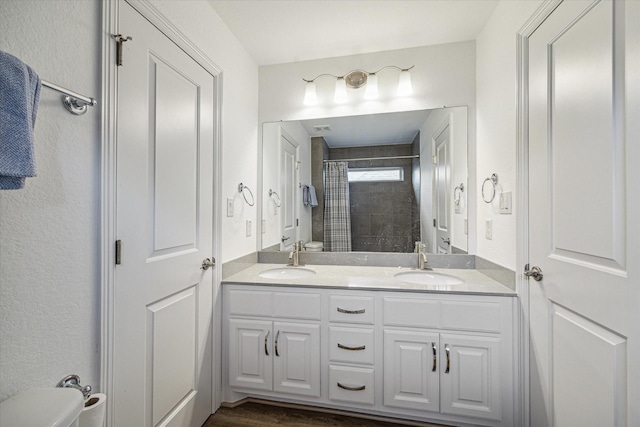 bathroom featuring vanity and curtained shower