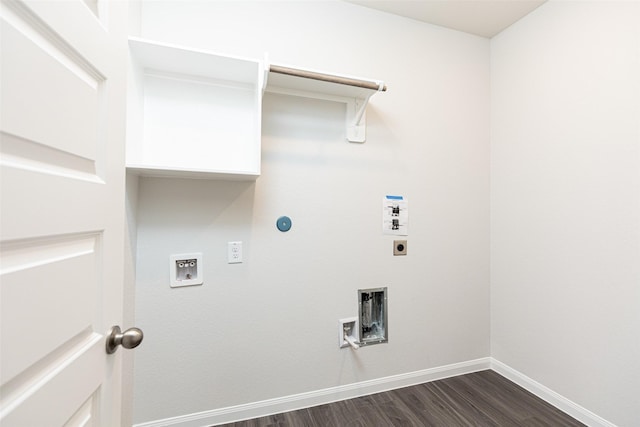 laundry area featuring washer hookup, dark wood finished floors, electric dryer hookup, laundry area, and baseboards