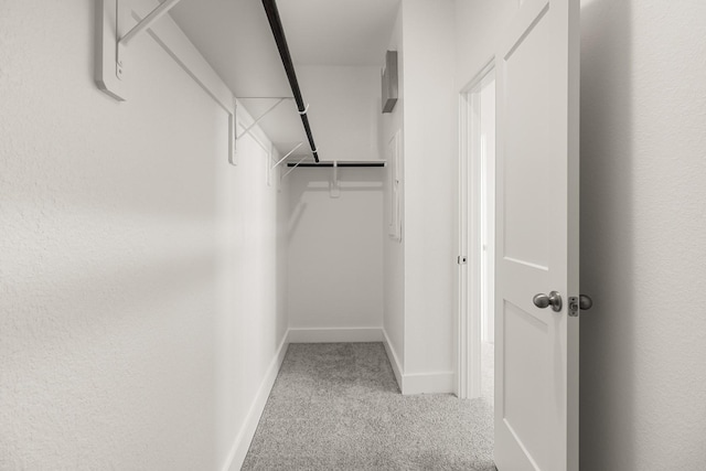 walk in closet featuring light carpet