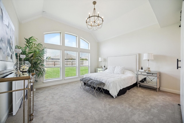 carpeted bedroom featuring crown molding, lofted ceiling, and an inviting chandelier