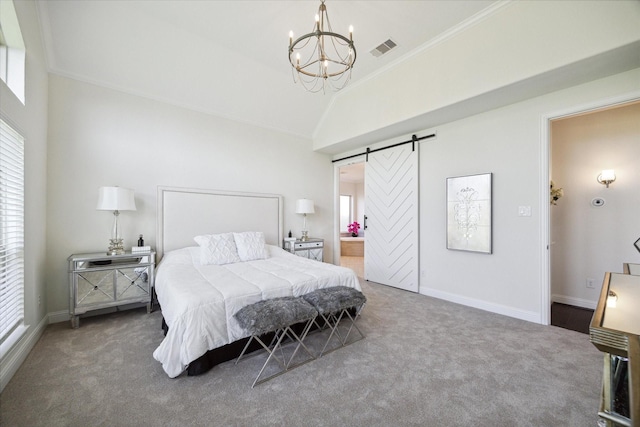 bedroom with crown molding, high vaulted ceiling, carpet floors, a barn door, and a chandelier