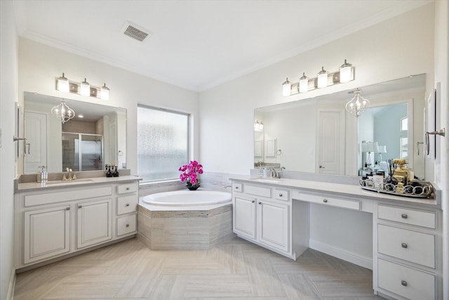 bathroom with vanity, parquet flooring, ornamental molding, and separate shower and tub