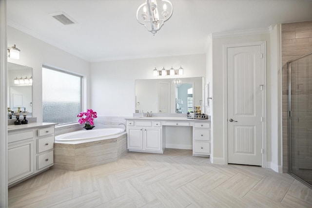 bathroom with vanity, a chandelier, crown molding, and plus walk in shower