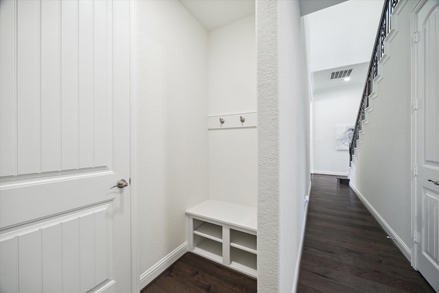 mudroom featuring dark wood-type flooring