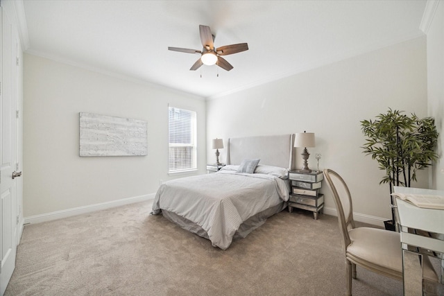 carpeted bedroom with crown molding and ceiling fan