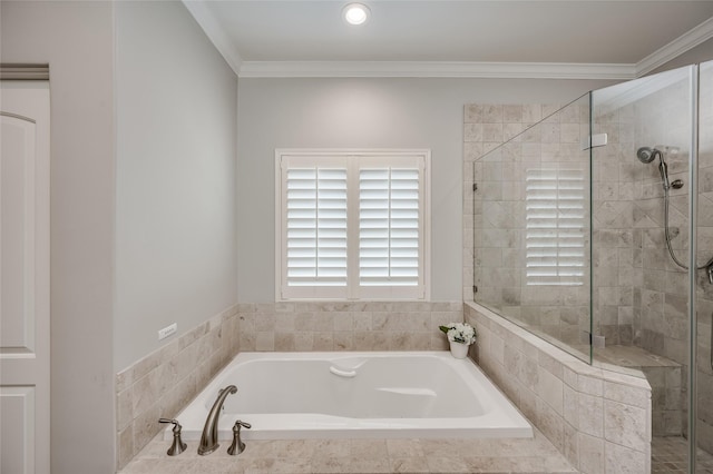 bathroom featuring ornamental molding and plus walk in shower