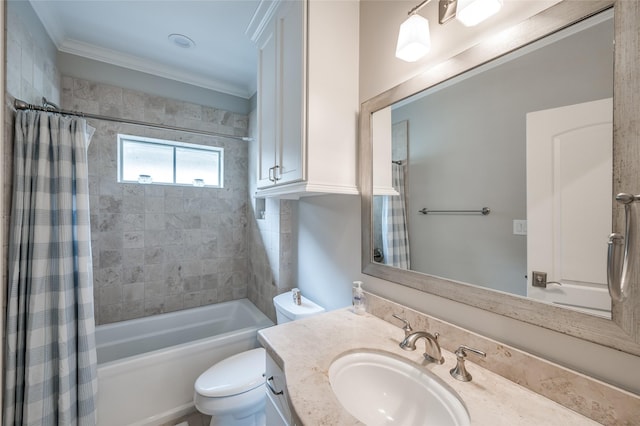 full bathroom with vanity, ornamental molding, shower / tub combo with curtain, and toilet