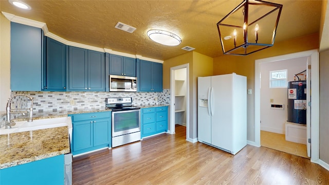 kitchen with blue cabinetry, sink, light wood-type flooring, electric water heater, and stainless steel appliances