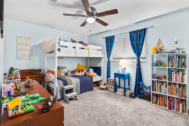 bedroom featuring carpet flooring and ceiling fan